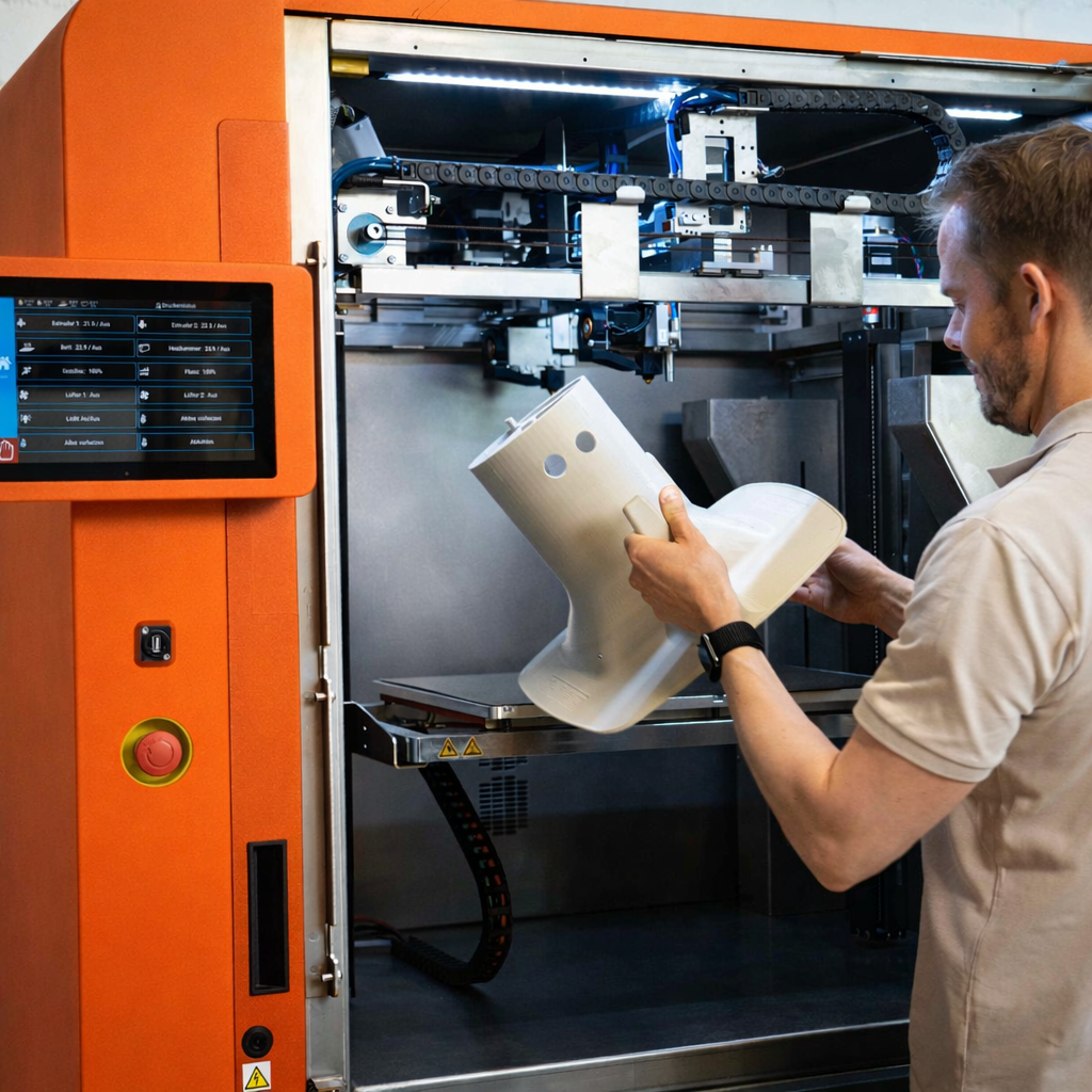 Mitarbeiter entnimmt ein Bauteil aus einer industriellen 3D-Druckanlage in der Produktion