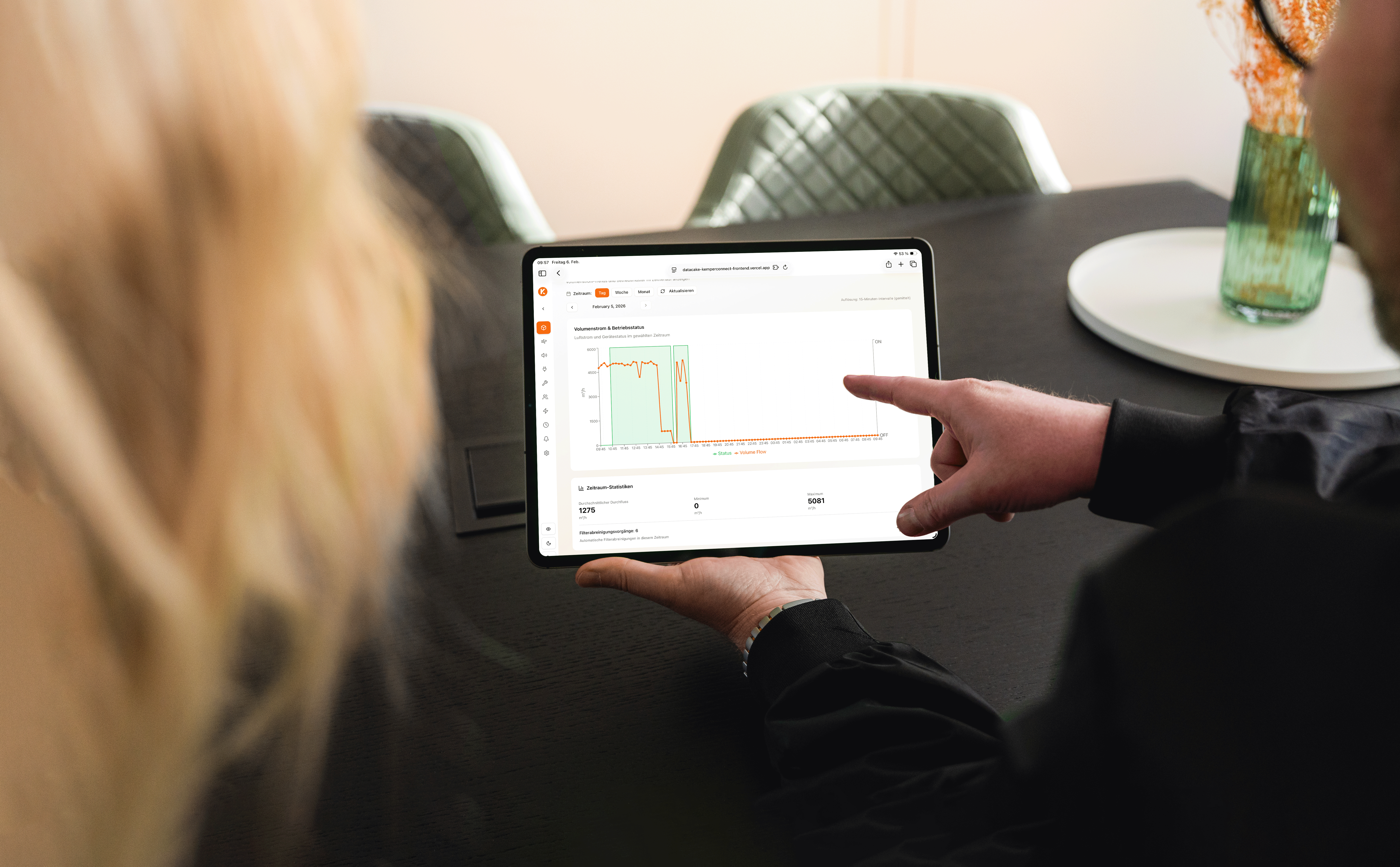 Tablet zeigt das KEMPER Connect Dashboard mit Leistungs- und Betriebsdaten einer industriellen Absauganlage.