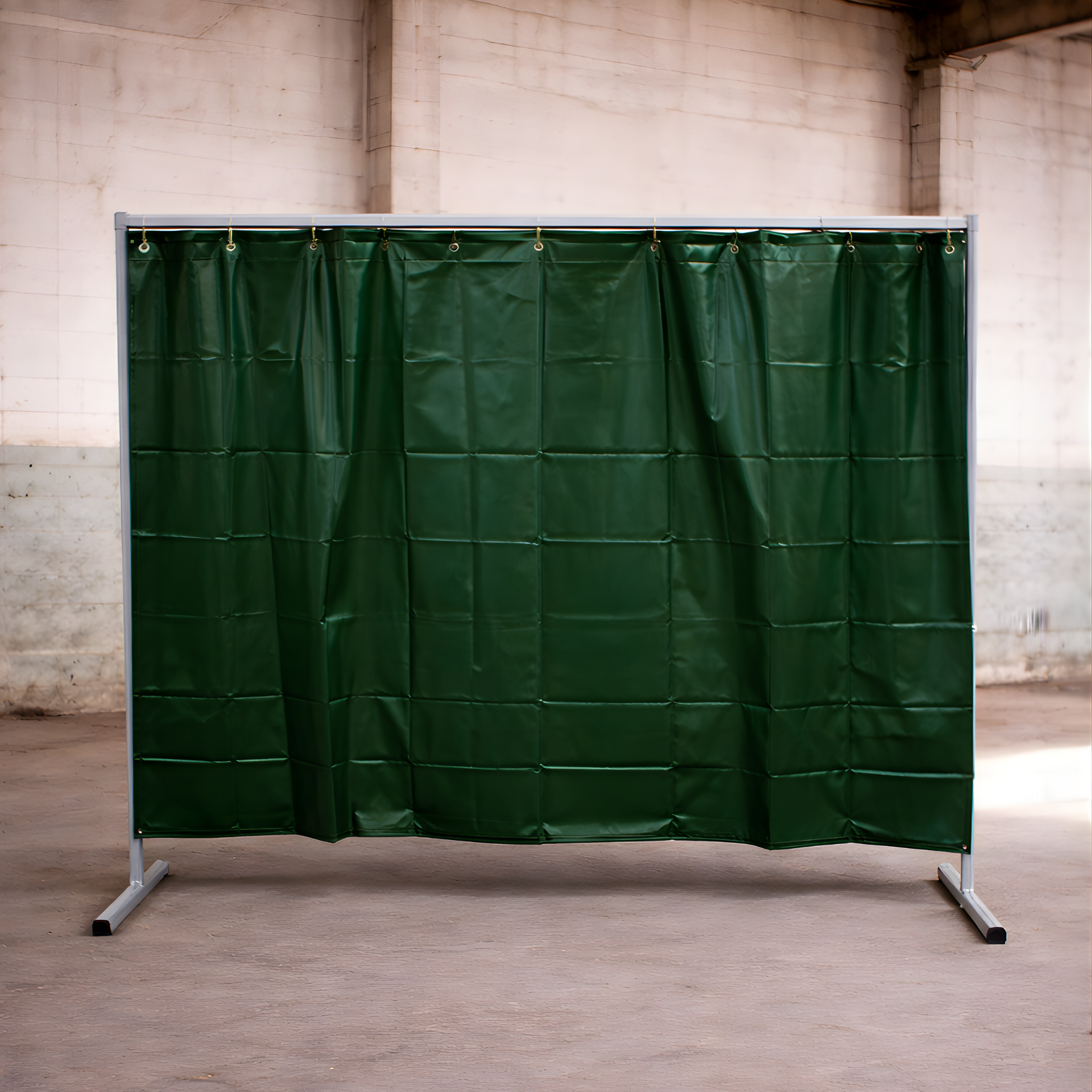 Freistehende Schutzwand mit dunkelgrünem Vorhangmaterial, aufgehängt an einer stabilen Metallkonstruktion mit Standfüßen, in einer Industriehalle.