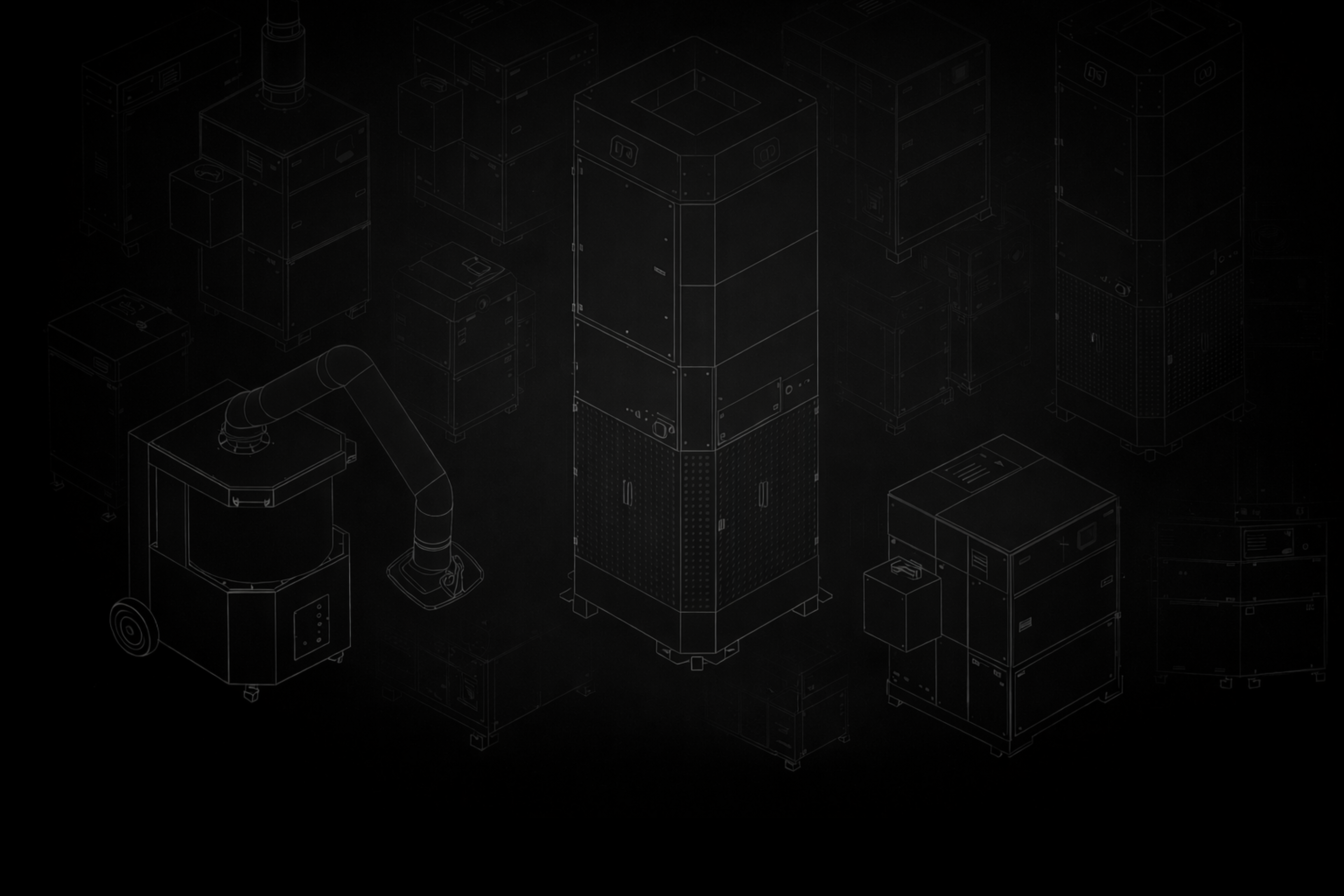 Technical illustration of multiple industrial extraction and filtration systems for fumes, dust and welding smoke